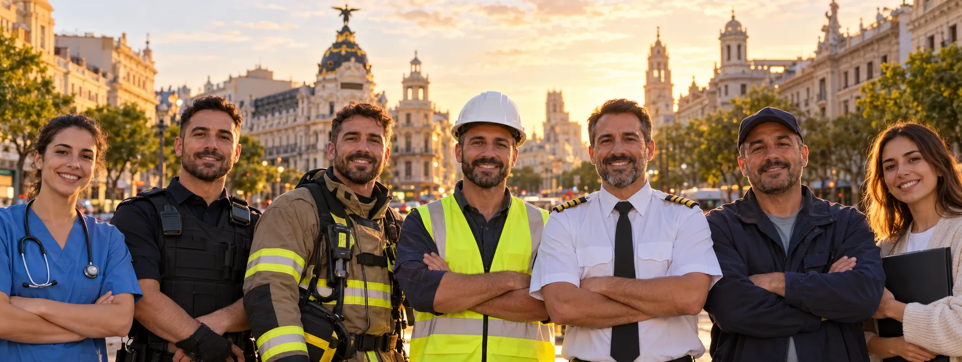 Enfermera, policía, bombero, obrero de la construcción, piloto, conductor y una opositora juntos en la Gran Vía de Madrid al atardecer